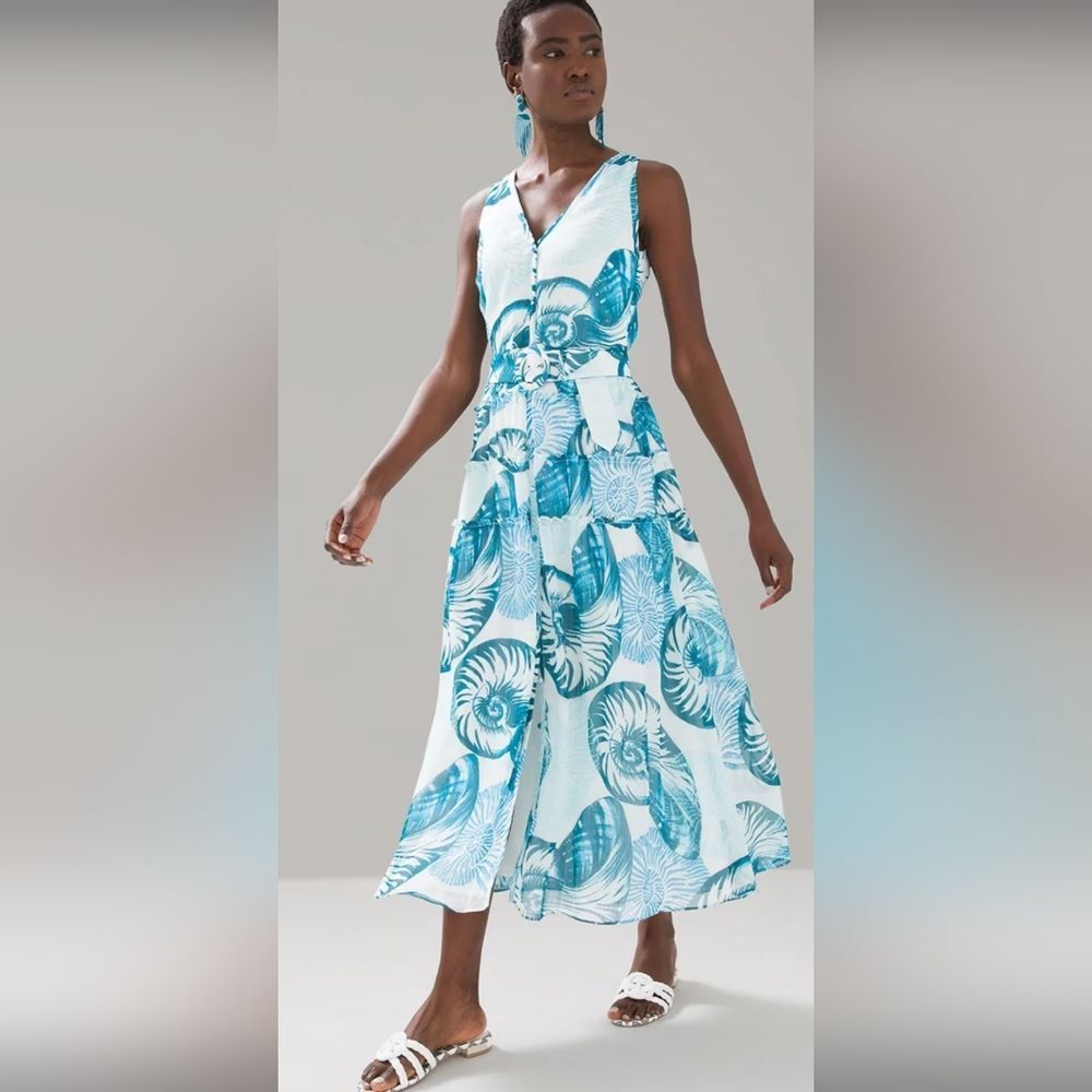 White House Black Market Blue/White Seashell Chiffon Dress Sz 8 Summer Beach NWT